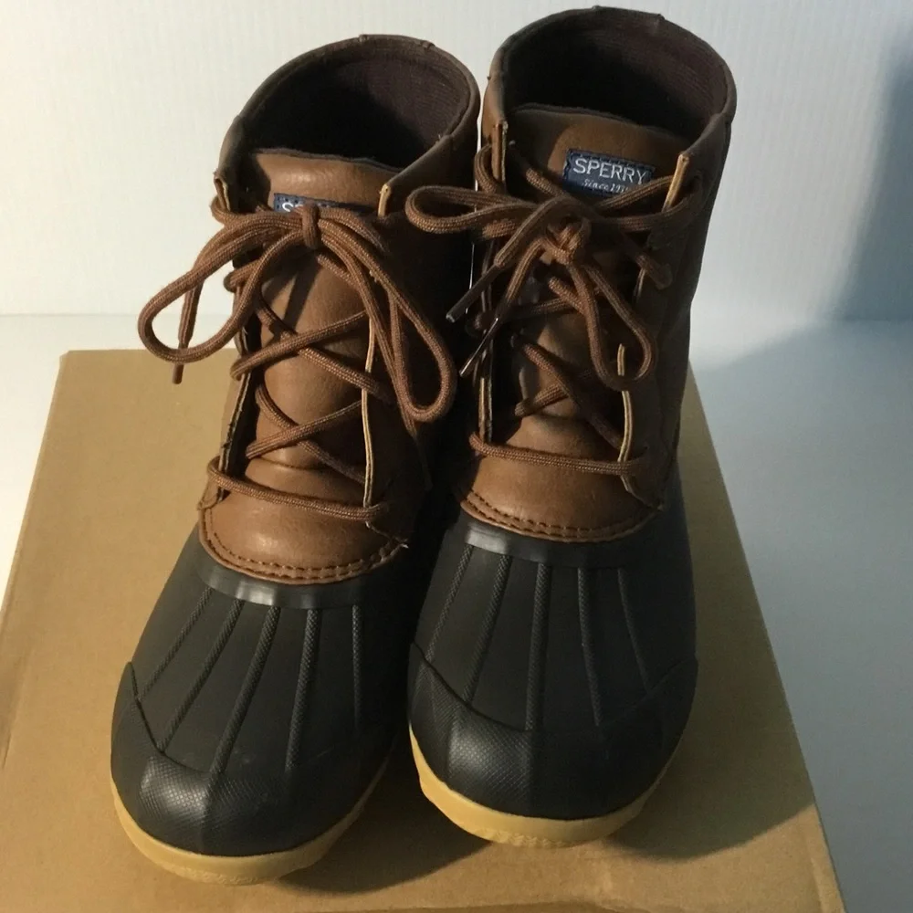 Sperry Brown Leather and Black Rubber Lace-Up Duck Boots